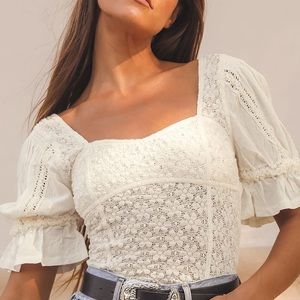 Free People Ivory Lace Puff Sleeve Top 🤍